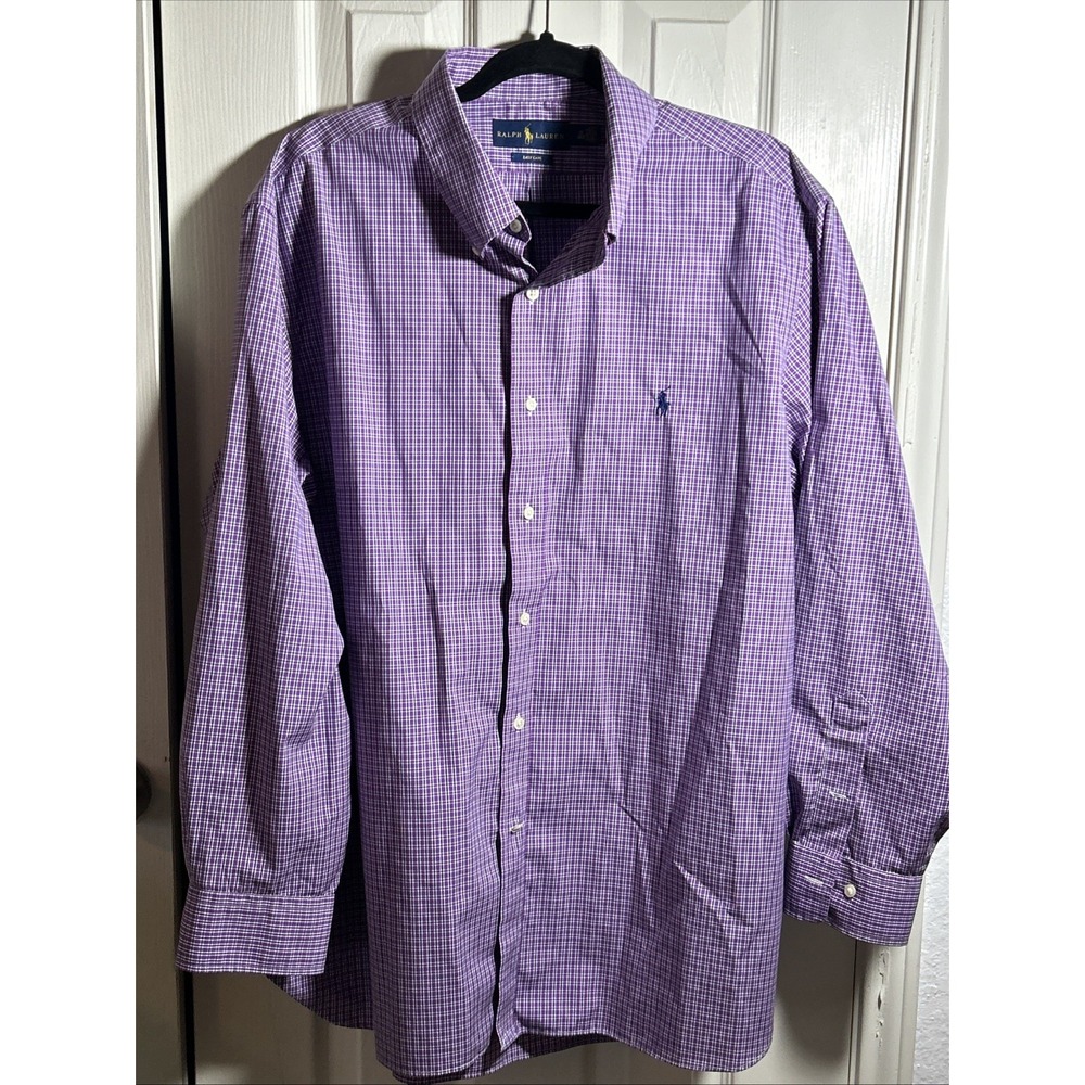 Ralph Lauren Dress Shirt Men's 18 34-35‎ Purple Easy Care Check Plaid L/S